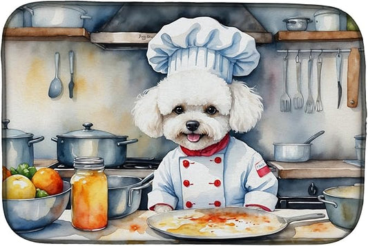 Caroline's Treasures DAC6208DDM Bichon Frise The Chef Dish Drying Mat Absorbent Dish Drying Mat Pad for Kitchen Counter Dish Drainer Mat for Countertop, 14 x 21", Multicolor