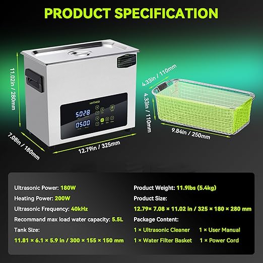 Ultrasonic Cleaner, One-Touch Cleaning,Heating, Deep Mode, ECO Energy-Saving Ultrasonic Cleaning Machine Excellent for Labs,Carburetor,Jewelry,Dentures,Automotive & Industrial Parts. (6L)