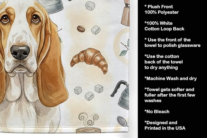 Caroline's Treasures Lemon and White Basset Hound Coffee Bar Kitchen Towel Velour Plush Front and Cotton Loop Back Machine Washable