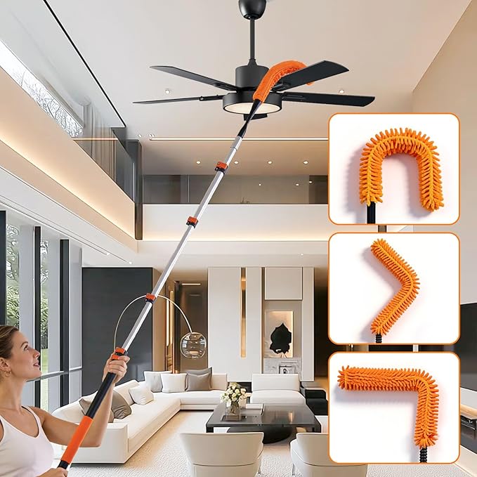 26FT High Reach Duster Kit with 5-20FT Flip-Lock & Screw Dual Locking Extension Pole, Cobweb Duster, Washable Ceiling Fan Cleaner & Window Squeegee for Glass & High Roof