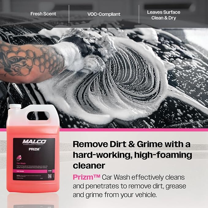 Malco Prizm Car Wash – Hard-Working, High-Foaming Automotive Cleaner/Formulated to Remove Soils and Rinse Away Cleanly/Excellent Cleaning Performance and Value / 1 Gallon (123201)