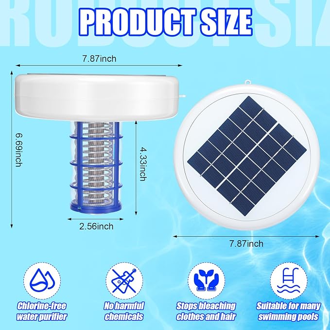 Qualirey Solar Pool Ionizer Automatic Floating Pool Cleaner, Water Ionizer with 4 Pcs Scum Collection Ball, for Above Ground and Inground Pools, up to 35, 000 Gallons(White,7.9 Inch)
