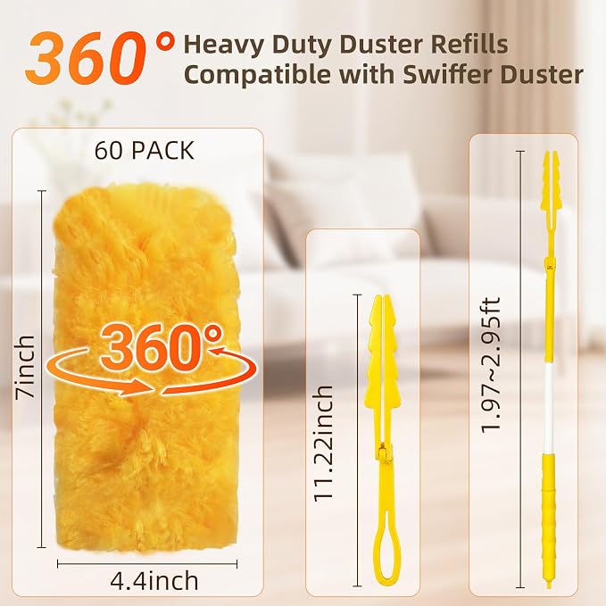 60 Count Heavy Duty Duster Refills for Swiffer Duster, 360° Double-Sided Electrostatic Dusting Pads with Upgraded Thick Fibers, 2 Handles Included, Microfiber Duster for Cleaning Home(Yellow