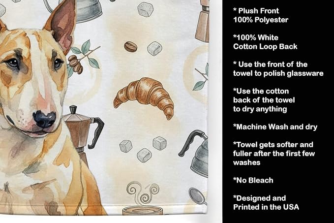 Caroline's Treasures Miniature Bull Terrier Coffee Bar Kitchen Towel Velour Plush Front and Cotton Loop Back Machine Washable