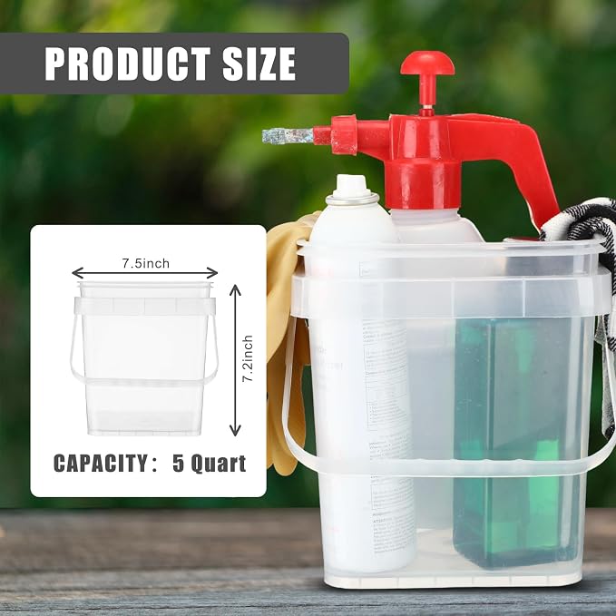 Jingmore 4 Pcs Plastic Bucket 5 Quart Square Bucket Utility Small Pail with Handle Sturdy Pail Organizer for House Cleaning Storage Livestock Feeding Car Washing Food Storage, No Lids(Clear)