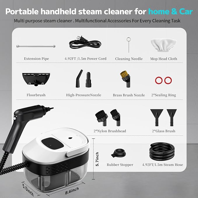 Pressurized Handheld Steam Cleaner 2500W, Portable Steamer for Cleaning | 15s Heat-Up, 54oz Large Tank, 3-Level Adjustable Steam With 16pcs Accessories for Home, Car, Tile, Grout, Furniture