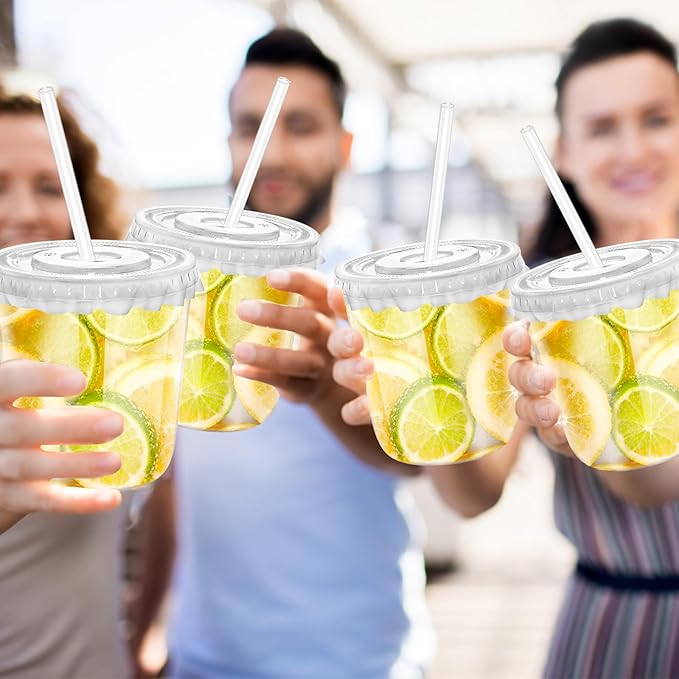 12oz Disposable Stemless Glasses with Flat Lids and Straws,PET Disposable Drinking Cups,Clear Plastic Wine Glasses for Parties Birthday,Wedding,Meeting,Christmas Party Supplies. (100, Transparent)