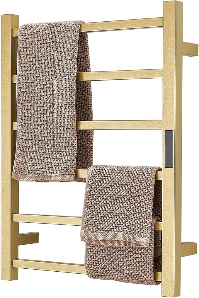 Electric Heated Towel Warmer Rack Gold Bathroom Accessories, With Timer Wall Mounted Rail, 6 Bars Stainless Steel Drying Racks Home Radiator, Hardwired