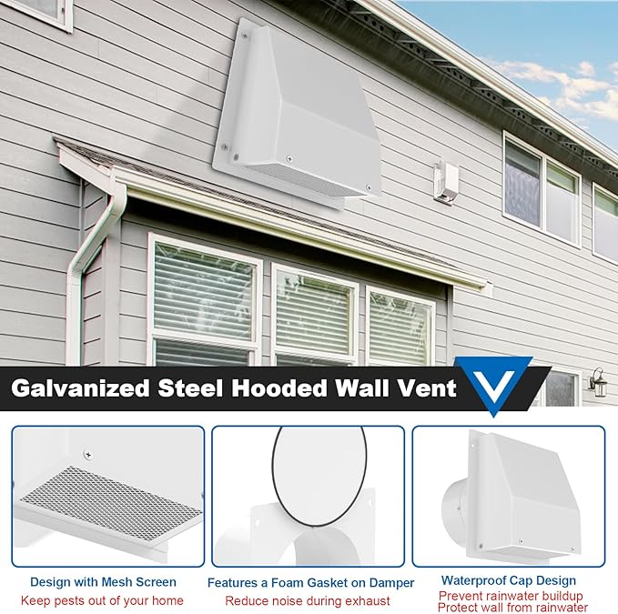 4 Inch Dryer Vent Cover Outside, Wall Vent Cover Exterior Dryer Vent Cover Galvanized Steel Hooded Wall Vent with Screen and Damper White Air Exhaust Duct Outlet Cap for Outdoor Home Laundry Room