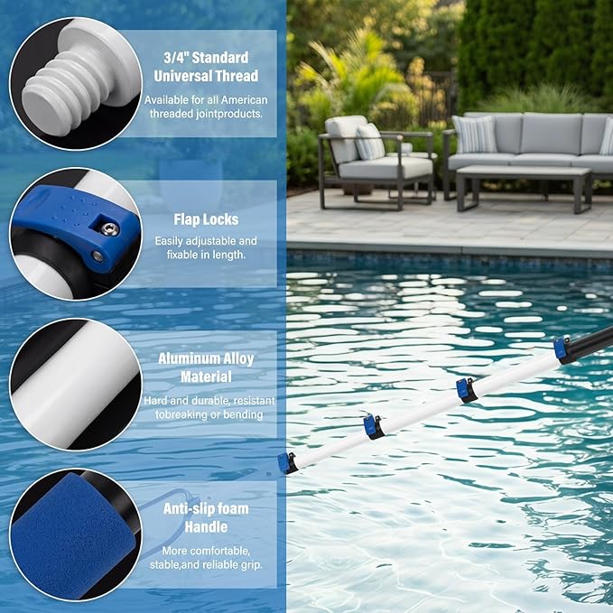 getlstub 16FT Telescopic Pool Pole, Heavy Duty Aluminum Extension Pole 4-16 FT for Above Ground & Inground Pools, Fits Skimmer, Net, Brush & Vacuum Heads