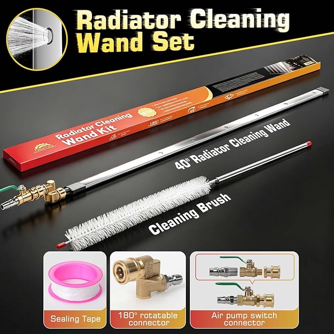 40" Upgraded Radiator Cleaning Wand With 25° Fan Nozzles,Water and Air Dual-Use 4500 PSI Pressure Washer Tool Set for Car,Truck and Other Vehicles.
