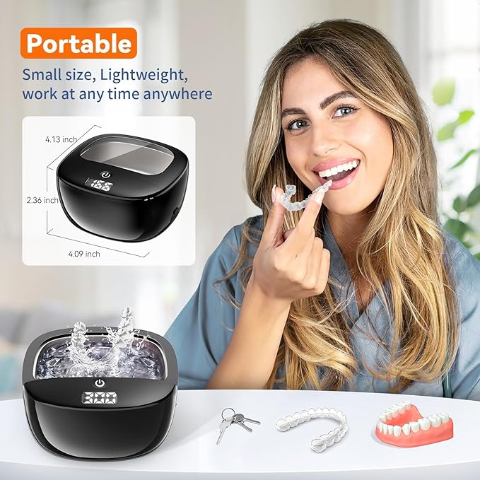 Ultrasonic Retainer Cleaner Machine, 45kHz Dental Cleaning Pod for Dentures, Aligners, Night Guards & Jewelry, 130ML Denture Cleaner 2 Timed Modes & Travel Design