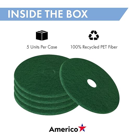 Americo Green Scrub Floor Pad, 19" Diameter, 3.25" Center Hole, 5 Pads/Case, Cleaning Pad for Hard Surfaces, Made of 100% Recycled Content, USA Made