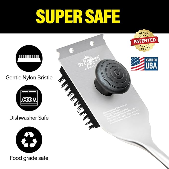 XUDAKAIXIN Nylon Grill Brush, Dual Grip Design, with Extended Luxurious Acacia Wood Handle, Safe Nylon Bristles Barbecue Outdoor Grill Brush for Cooled Grates(Black)
