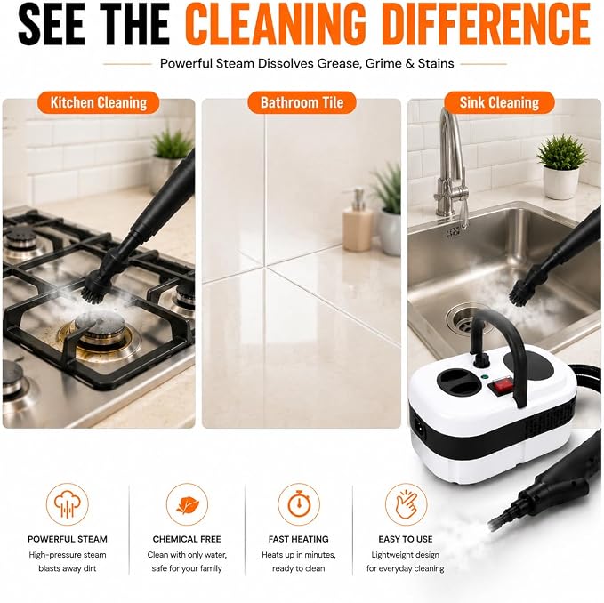 Pressurized Handheld Steam Cleaner, 221°F High-Temp Steamer for Deep Cleaning, Chemical-Free for Pets & Kids, 10-Piece Accessory Kit for Car, Couch, Grout, Tile & Floor