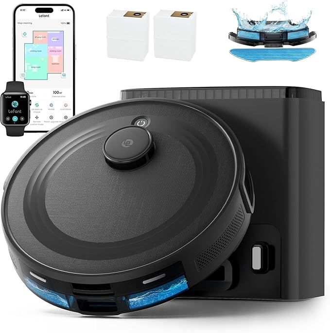 Lefant Robot Vacuum and Mop Combo,75-Days Self-Emptying,7000Pa Powerful Scution,Multi-Floor Mapping, No-Go Zones,140 Min Runtime,2.4G/5G WiFi/Alexa/APP/iWatch, M2 Plus Black