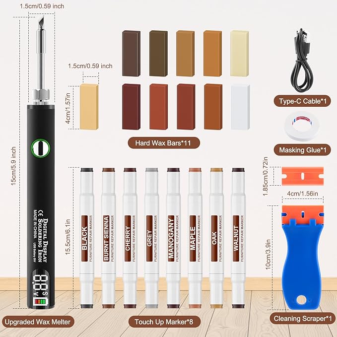 Vinyl Floor Repair Kit with Upgraded Heat Pen - 11 Colors Hardwood Wax 8 Colors Dual Tip Furniture Touch Up Markers, Laminate Flooring Scratch Repair Kit Covers Wooden Scratches, Cracks, Holes