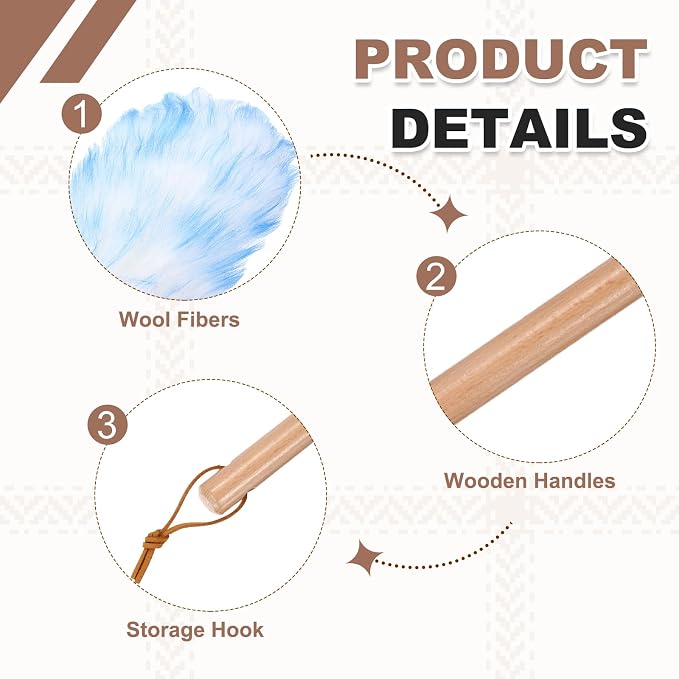 uxcell Wool Duster, 14.2" Natural Feather Cleaner Household Cleaning Duster with Solid Wooden Handle for Cleaning Fans Window Blinds Shelves Furniture, White Blue