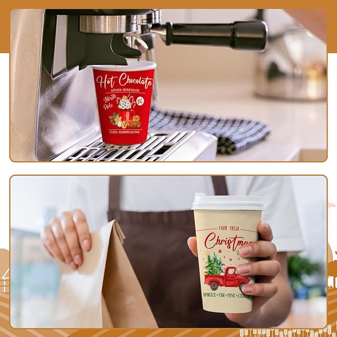Gerrii 100 Set Christmas Paper Cups Disposable 12 oz with Lids Hot Chocolate Cups Coffee Cups Holiday Hot Cups for Hot and Cold Drinks Tea Water Bar Supplies Winter Season (Classic Style)