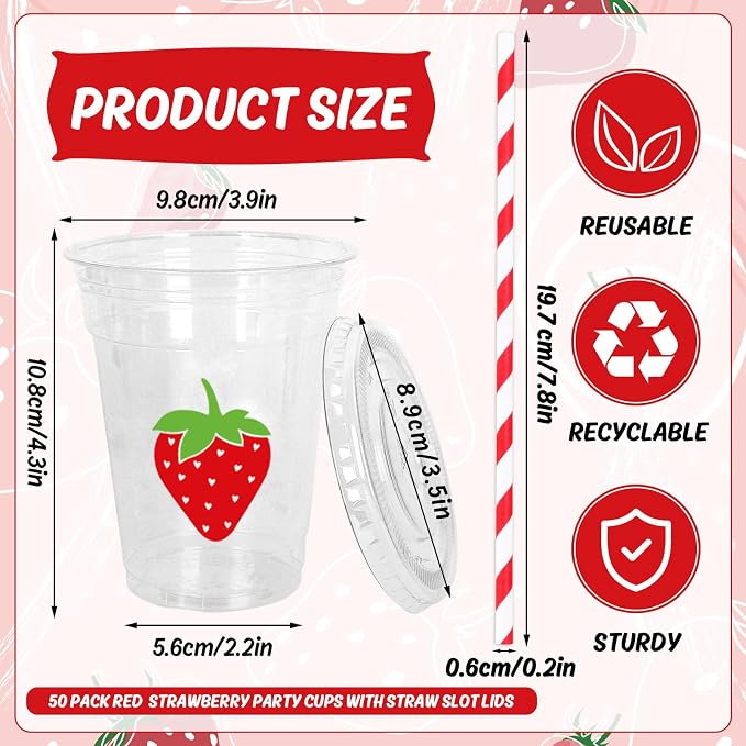 FYSUIMU 50Pcs Strawberry Disposable Plastic Cups with Lids and Straws 12Oz Red Pink Cold Beverage Drinking Cups for Summer Wedding Birthday Baby Shower Party Supplies