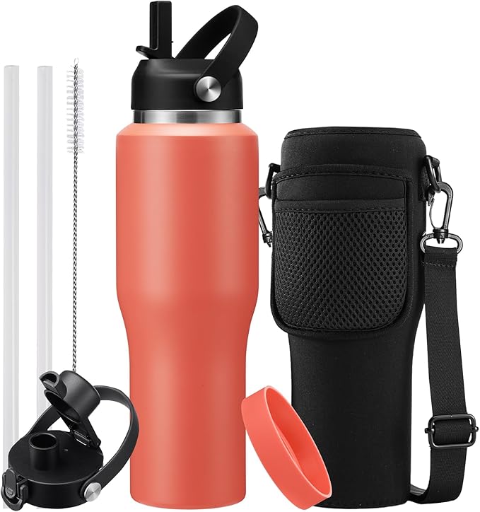32 oz Insulated Water Bottle - Cold 48H & Hot 24H, Leak-Proof T-shpaed Metal Flask with Carry Strap, Protective Boot, BPA Free Vacuum Hydro 32 Ounce Thermal Cup for Adults Men Women