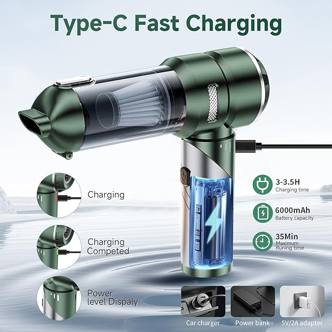 Car Vacuum Portable Cordless 21000PA High Power Mini Vacuum Cleaner 4-in-1 Compressed Air Duster & Air Blower & Pump Hand Held Vacuum with Brushless Motor for Car (Grass Green)