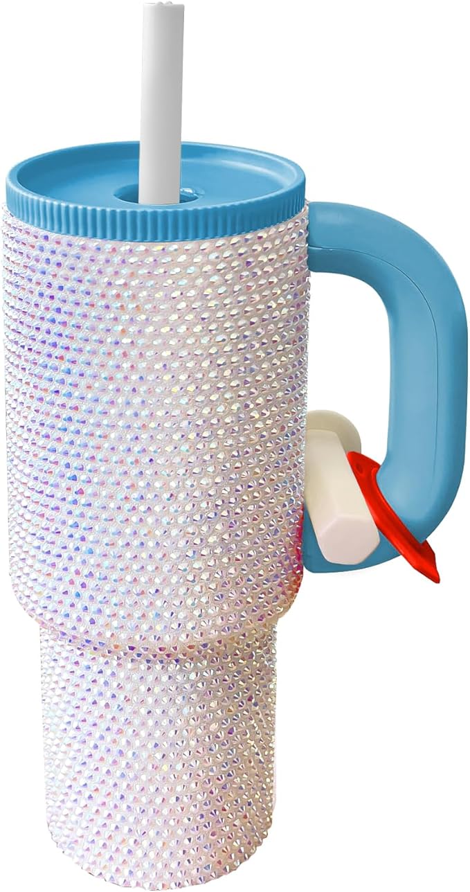 HWISDMIG 40oz Tumbler with Handle-Glitter Rhinestones Tumbler Bling Cups Stainless Steel Water Bottle Diamond Studded Tumbler for Women-Birthday Gifts for Women, Mom, Girlfriend (Pearl Luster)