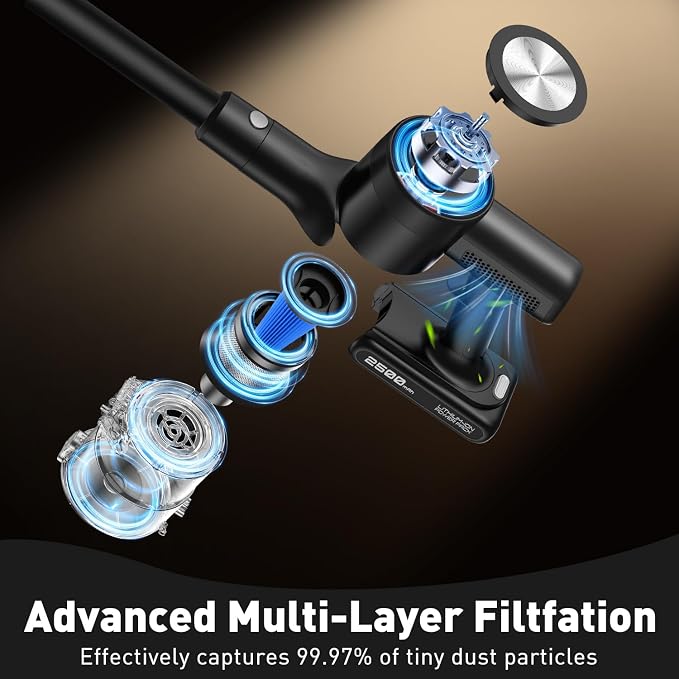 Cordless Vacuum Cleaner for Home, 55KPa Powerful Suction, Self-Standing Stick Vacuum with Charging Dock, Anti-Tangle Brush, Lightweight for Pet Hair, Carpet, Hardwood Floor(Pure Black)
