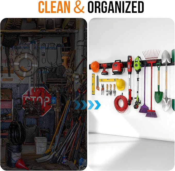 FAHKNS Garage Tool Organizer Wall Mount 99 Inch, Heavy Duty Garage Storage Rack with Adjustable Hooks, Large Capacity Garden Tool Organizer for Garage Organization, Workshop, Shed