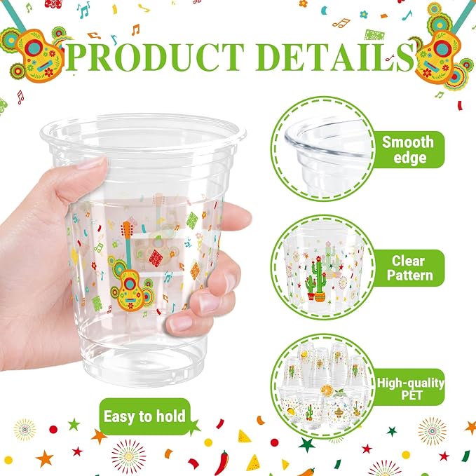 100 Pack Fiesta Plastic Cups 12 oz 2 Styles Mexican Cinco De Mayo Disposable Cups Mexican Party Favor Drinking Beverage Cup for Taco Birthday Hispanic Heritage Month Party Supplies