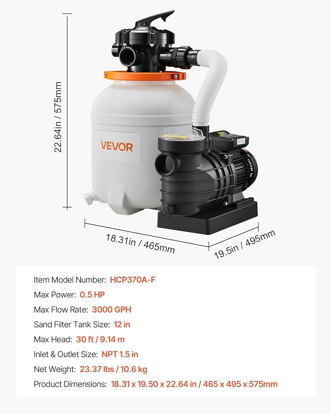 VEVOR FlashPure Sand Filter Pump, 12 in for Above Ground Pool, 0.5 HP 3000 GPH, Swimming Pool Filter System with Timer, 6X Faster Filtration, Media Installed, Leak-Resistant, Ready to Use Out of Box