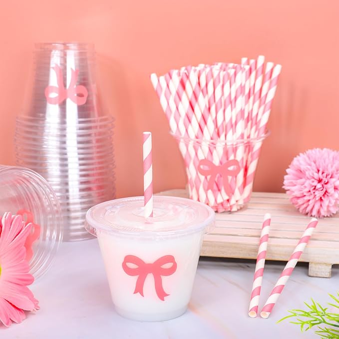 Whaline 100 Pcs Pink Bow Disposable Plastic Cups with Lids and Straws 9 Oz Coquette Bow Knot Cold Beverage Drinking Cup for Wedding Birthday Bridal Baby Shower Party Supplies