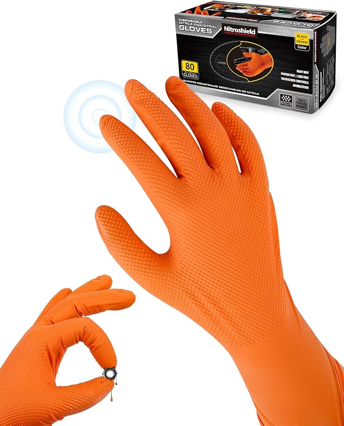 wcy 9 Mil Heavy Duty Orange Nitrile Gloves,Raised Diamond Texture Grip,Industrial Mechanic Rubber Gloves Disposable Latex Free Chemical Resistant Guantes for Work,Cooking,Food Safe - Medium,80Count