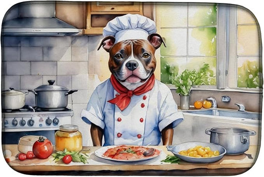 Caroline's Treasures DAC6330DDM Staffordshire Bull Terrier The Chef Dish Drying Mat Absorbent Dish Drying Mat Pad for Kitchen Counter Dish Drainer Mat for Countertop, 14 x 21", Multicolor