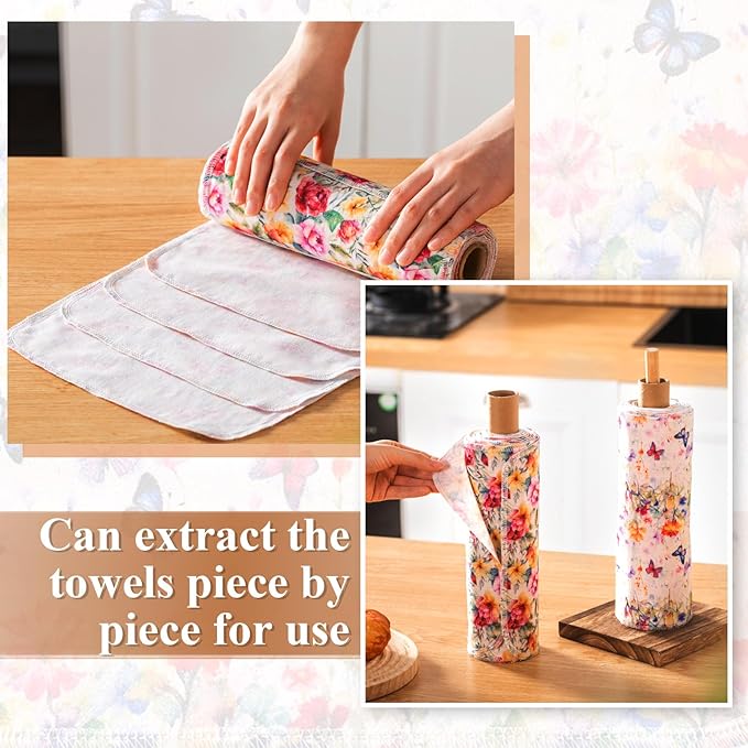 Redbaker 50 Pcs Reusable Paper Towels Paperless Reusable Cotton Cloths Toilet Absorbent Washable Paper Towels with Roll Kitchen Dishcloth for Kitchen Paperless Dishcloths(Retro Flower)