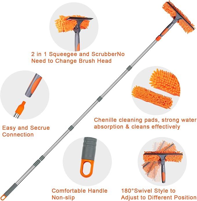 BITOPE 90" Squeegee for Window Cleaning Cleaner Tool with Extension Pole 2 in 1 Rotatable Window Wash Tool for Home Shower Glass Car Windshield Outdoor Solar Panel