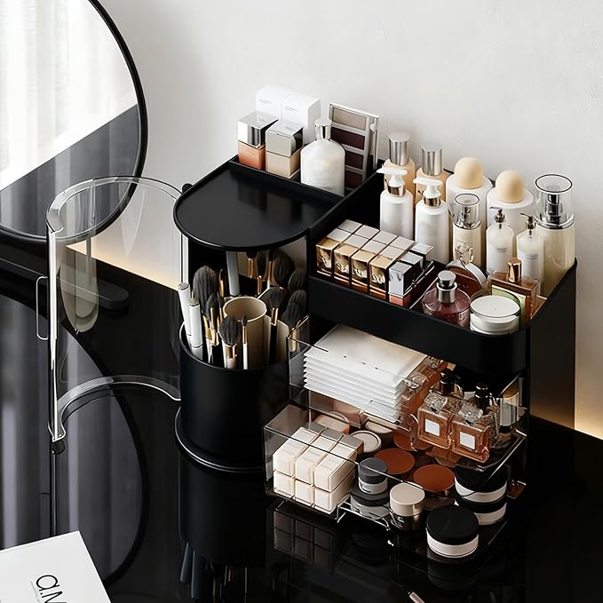 Makeup Storage Box Mesh, Makeup Organizer For Vanity, Cosmetic Display Cases With Transparent Cover, Drawers, Dustproof, Portable Handle, For Vanity, Dresser, Countertop (Blak)