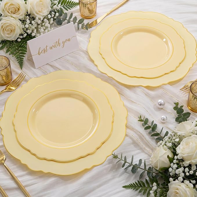 Liacere 350PCS Yellow Plates - Yellow Disposable Plastic Plates With Gold Rim-50Guest Plastic Dinnerware include 100 Plates,50 Pack Pre Rolled Napkins with Silverware 50Cups for Wedding＆Party
