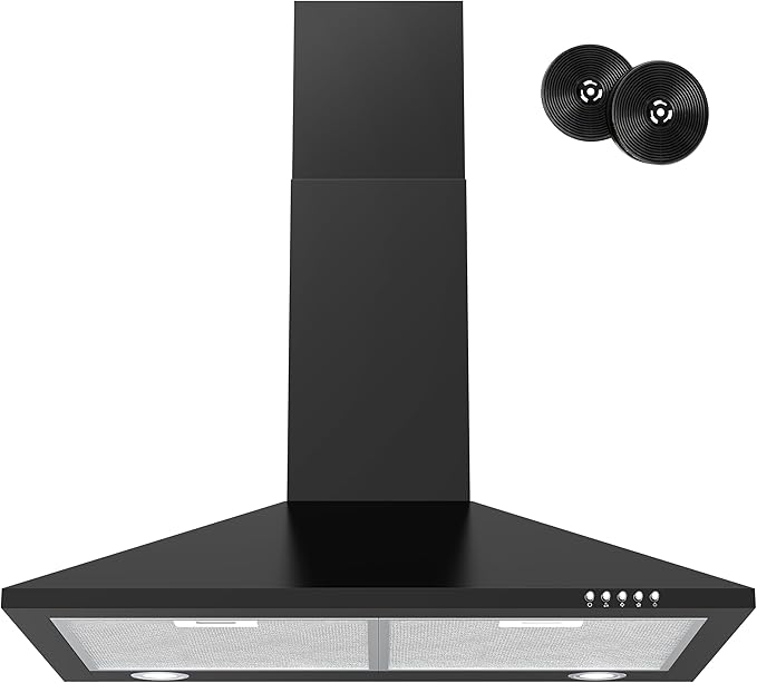 FIREGAS Black Range Hood 30 inch, Wall Mount Range Hood with LED Lights, 3-Speed Exhaust Fan, Ducted/Ductless Convertible, Aluminum Mesh Filters, Button Control, Black Kitchen Hood