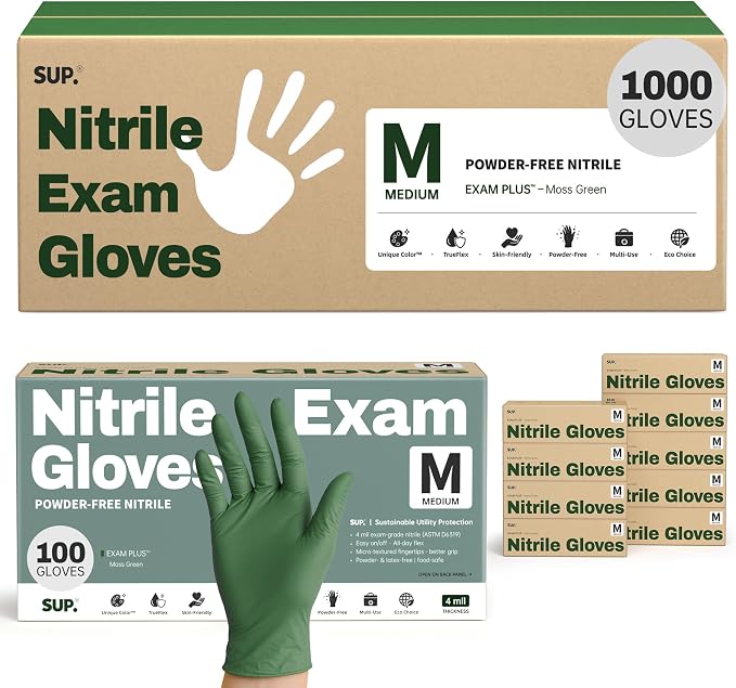 SUP Nitrile Exam Gloves, Powder-Free Latex-Free Food Non-Sterile Safe Cooking Cleaning Disposable Medical Glove, Green 1000Ct