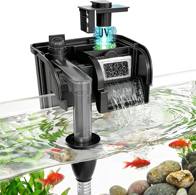 Hang on Back Aquarium Filter 158GPH for 10-40 Gal. Fish Tank, w/ Detachable U-V Light &Surface Skimmer, 4-Stage Suspension Oxygen Deodorization Saltwater Freshwater Crystal Clear Green Clean Machine