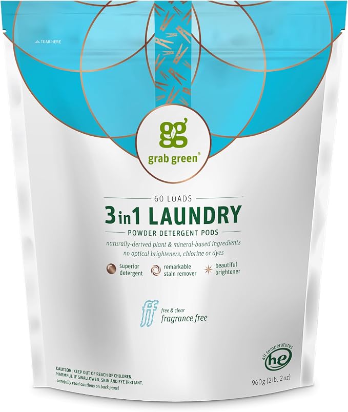 Grab Green 3-in-1 Detergent Laundry Pods, 60 Loads, Unscented | Plant & Mineral-Based; Enzyme-Powered; Velcro Closure; Laundry Brightener; Stain Remover