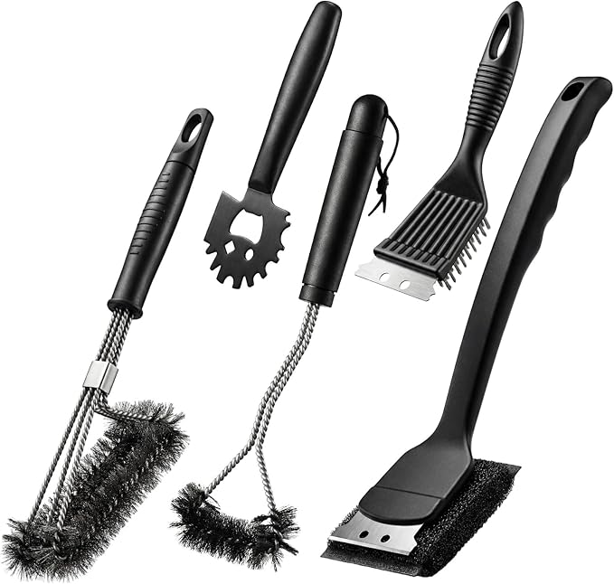 5 Pcs 304 Stainless Steel BBQ Grill Cleaning Tools Set, Steel Grill Brush Accessories with Scraper, Pointed Tail, Triangular, Scouring Pad Brush for Outdoor Gift for Men Dad