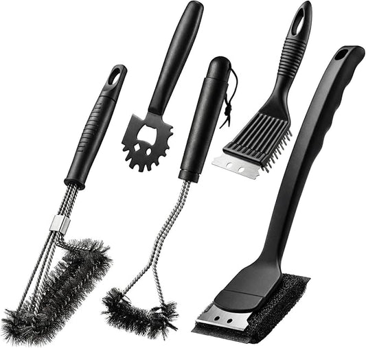 5 Pcs 304 Stainless Steel BBQ Grill Cleaning Tools Set, Steel Grill Brush Accessories with Scraper, Pointed Tail, Triangular, Scouring Pad Brush for Outdoor Gift for Men Dad