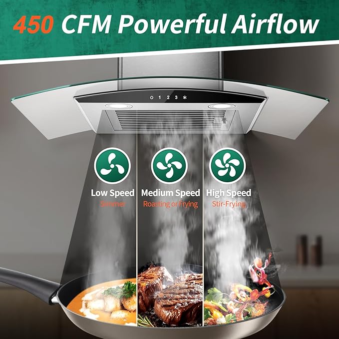 Tieasy Range Hood 30 Inch, 450 CFM Wall Mount Kitchen Hood with Ducted/Ductless Convertible Stainless Steel Filter Range Hoods 3-Speed Touch Control LED Lights