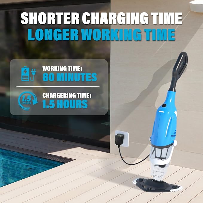 Cordless Pool Vacuum for Above Ground Pool, Handheld Rechargeable Pool Cleaner with Extension Pole, Suction up to 18.5 Gallons per Minute, 80 Mins Runtime, Ideal for Leaves & Debris for Inground Pools
