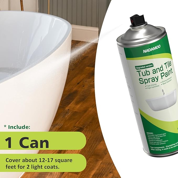 NADAMOO 2-Parts Tub and Tile Spray Paint, Enamel Aerosol Refinishing Paint for Bathroom Porcelain Bathtub Sink, 1 Can, Semi-Gloss White