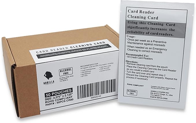 GORILLA SUPPLY Credit Card Cleaning Cards, Dual Side Card Reader Cleaner, POS Terminal Magnetic Head Pre-Saturated Swipe Alcohol-Free CR80 (50 Cards)