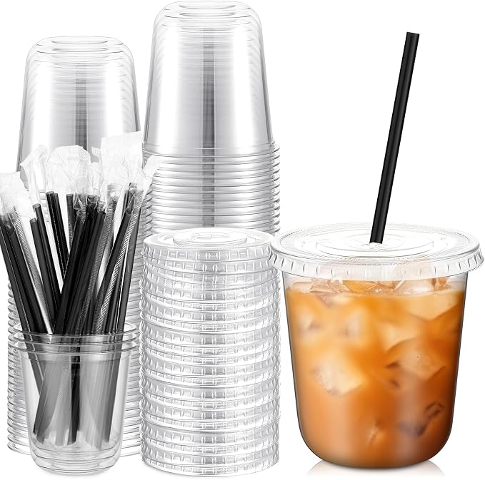 Ziliny 25 Set Clear Plastic Cups with Lids and Straws, Disposable Iced Coffee PET Cups for Drinking Cold Beverage Juice Parfait Smoothie Milkshake Coffee Shops Party Supplies (12 oz)