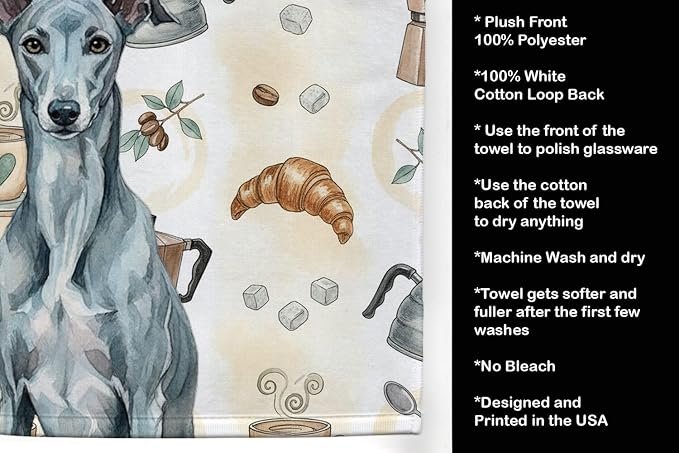 Caroline's Treasures Blue Brindle Greyhound Coffee Bar Kitchen Towel Velour Plush Front and Cotton Loop Back Machine Washable